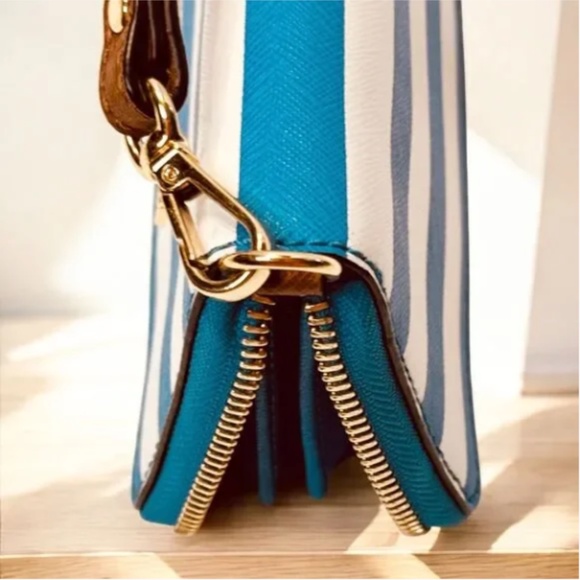 NEW Michael Kors Jet Set Striped Turquoise/ White Zip Around Wristlet NWOT - Picture 4 of 7